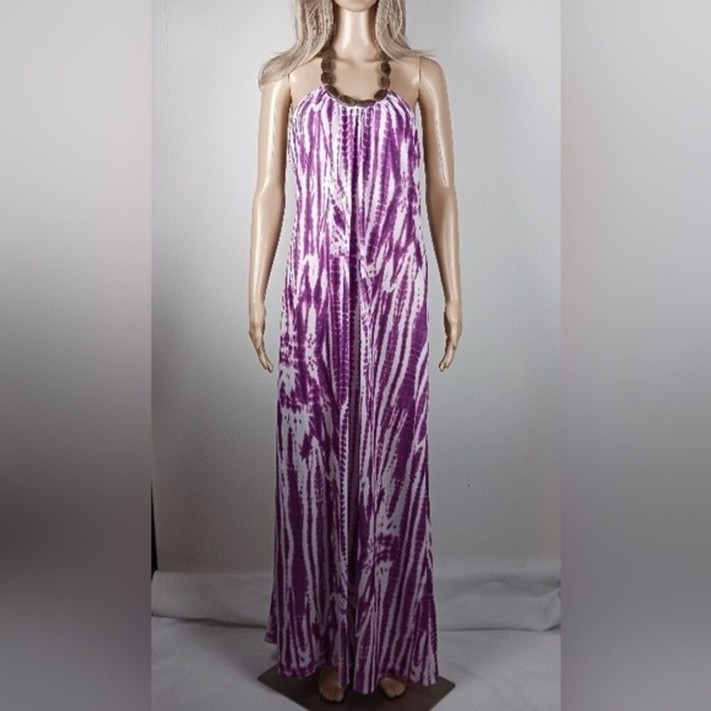 L8ter Purple Tie-Dye Beaded Halter Sleeveless Maxi Dress Size L